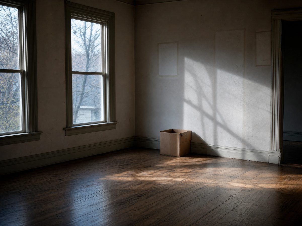 An empty room with light streaming through bare windows